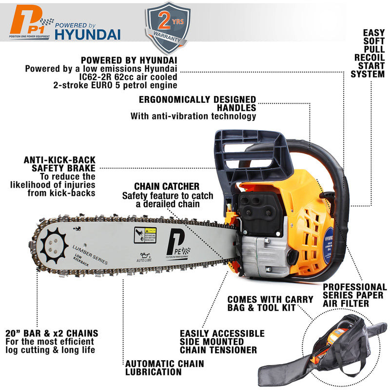P1PE Chainsaw P1 Petrol Chainsaw with 62cc Hyundai Engine, 20" Bar, Easy-Start - P6220C 0600231974356 P6220C - Buy Direct from Spare and Square
