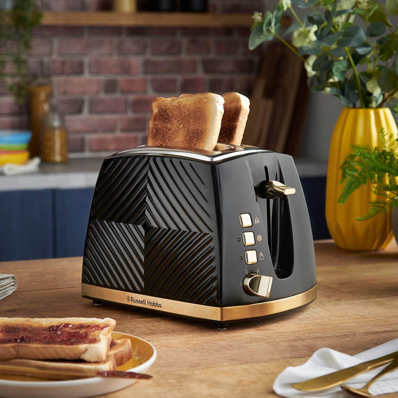 Russell Hobbs Toaster Russell Hobbs Black and Gold Groove 2 Slice Toaster 5038061143270 26390 - Buy Direct from Spare and Square