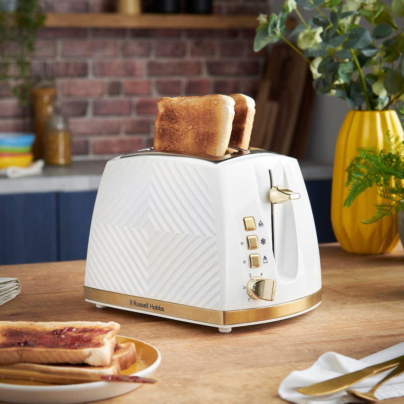 Russell Hobbs Toaster Russell Hobbs White and Gold Groove 2 Slice Toaster 5038061143324 26391 - Buy Direct from Spare and Square