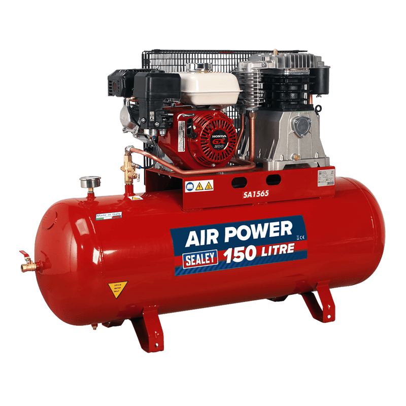 Sealey Air Compressor 150L Belt Drive Air Compressor with Petrol Engine 6.5hp-SA1565 5051747570351 SA1565 - Buy Direct from Spare and Square
