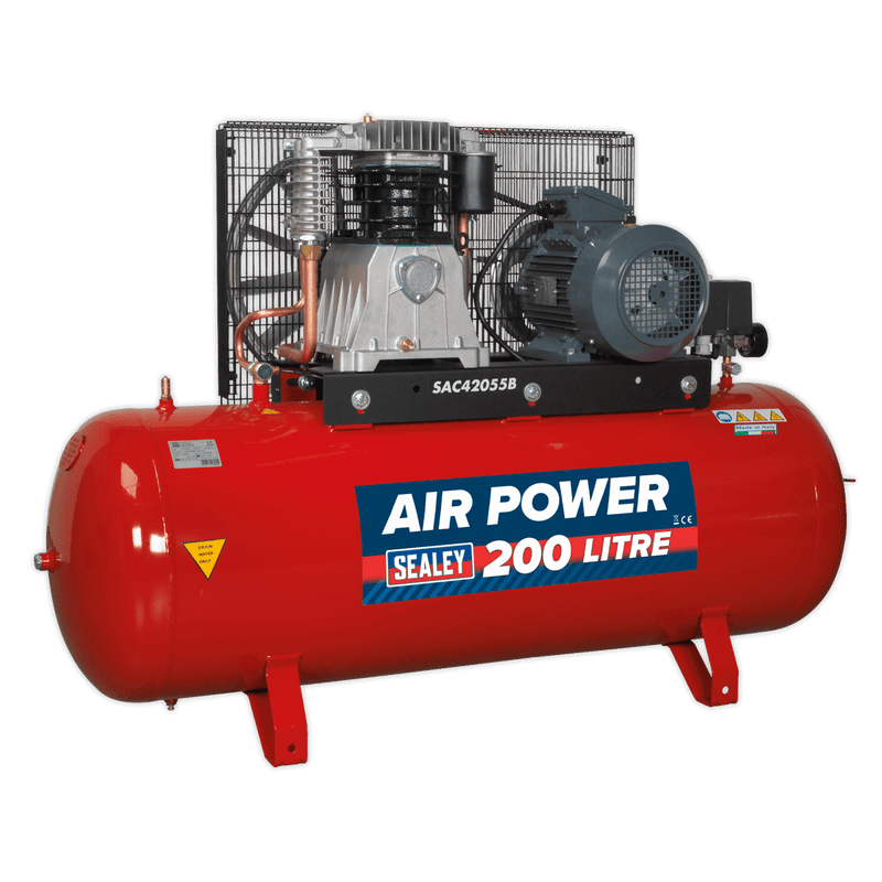 Sealey Air Compressor 200L Belt Drive Air Compressor 5.5hp 3ph 2-Stage with Cast Cylinders-SAC42055B 5051747560895 SAC42055B - Buy Direct from Spare and Square