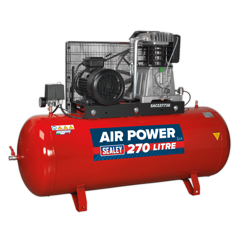 Sealey Air Compressor 270L Belt Drive Air Compressor 7.5hp 3ph 2-Stage with Cast Cylinders-SAC52775B 5051747560901 SAC52775B - Buy Direct from Spare and Square