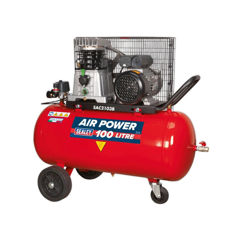 Sealey Air Compressor Sealey Belt Drive 100l 3hp Air Compressor With Cast Cylinders - 145psi (10bar) SAC2103B - Buy Direct from Spare and Square