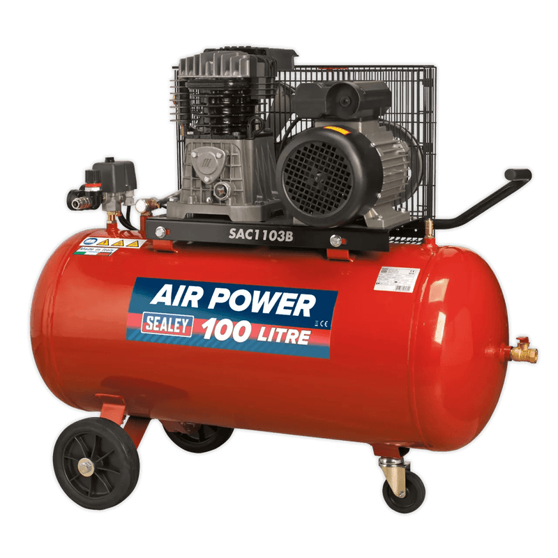 Sealey Air Compressor Sealey Belt Driven 100l 3hp Air Compressor With Cast Cylinders - 145psi (10bar) SAC1103B - Buy Direct from Spare and Square