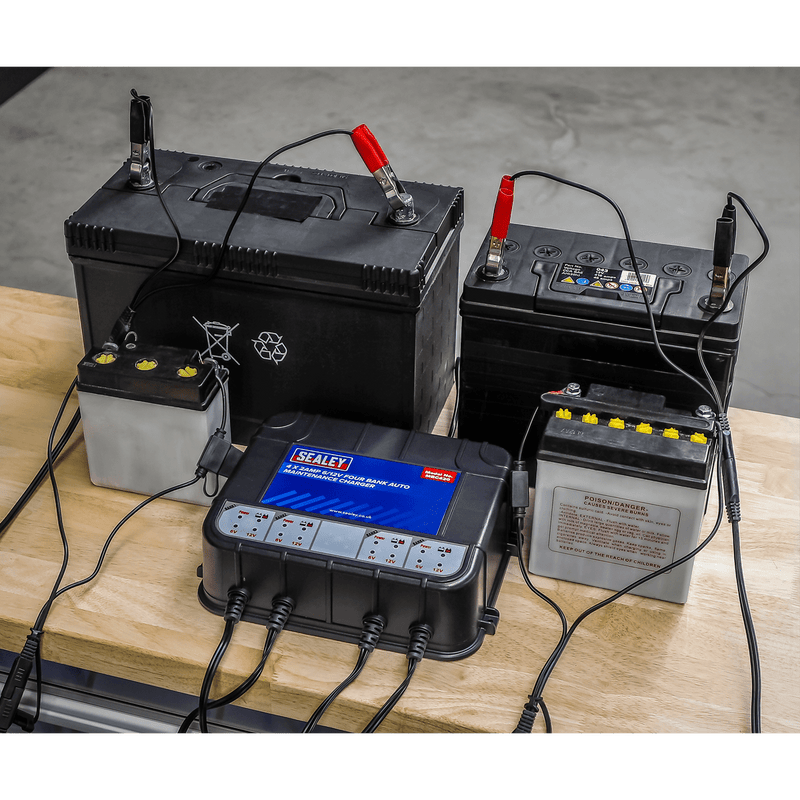 Sealey Battery Maintenance 8A (4 x 2A) 6/12V Four Bank Auto Smart Charger & Maintainer-MBC420 5054511458299 MBC420 - Buy Direct from Spare and Square