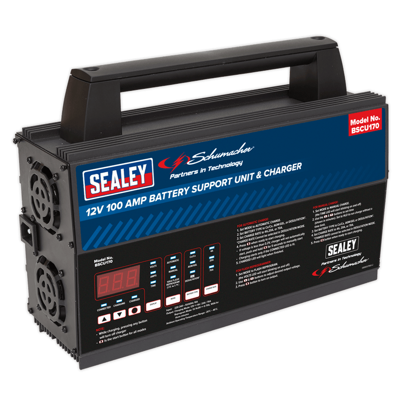 Sealey Battery Maintenance Schumacher® 100A 12V Automatic Smart Battery Support Unit & Charger-BSCU170 5054511446623 BSCU170 - Buy Direct from Spare and Square