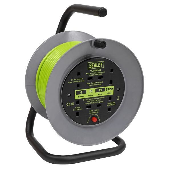 Sealey Cable Reels 15m Cable Reel with Thermal Trip 4 x 230V - Green-BCR153TG 5054630249310 BCR153TG - Buy Direct from Spare and Square