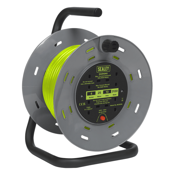 Sealey Cable Reels 25m Cable Reel with Thermal Trip 4 x 230V Sockets - Green-BCR25G 5054630249327 BCR25G - Buy Direct from Spare and Square