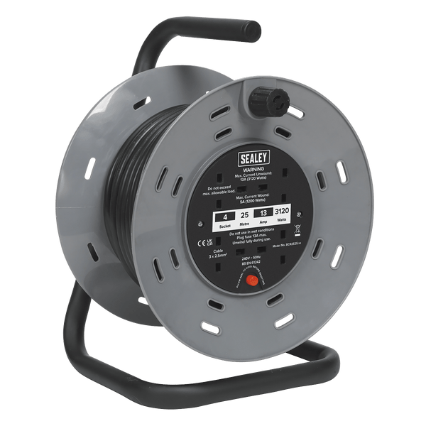 Sealey Cable Reels 25m Heavy-Duty Cable Reel with Thermal Trip 4 x 230V Sockets-BCR2525 5024209623803 BCR2525 - Buy Direct from Spare and Square