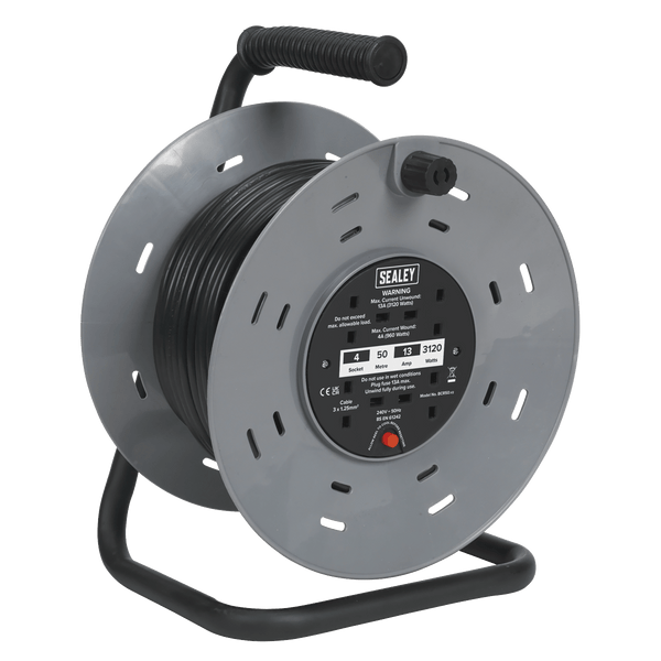 Sealey Cable Reels 50m Cable Reel with Thermal Trip 4 x 230V Sockets-BCR50 5024209041010 BCR50 - Buy Direct from Spare and Square