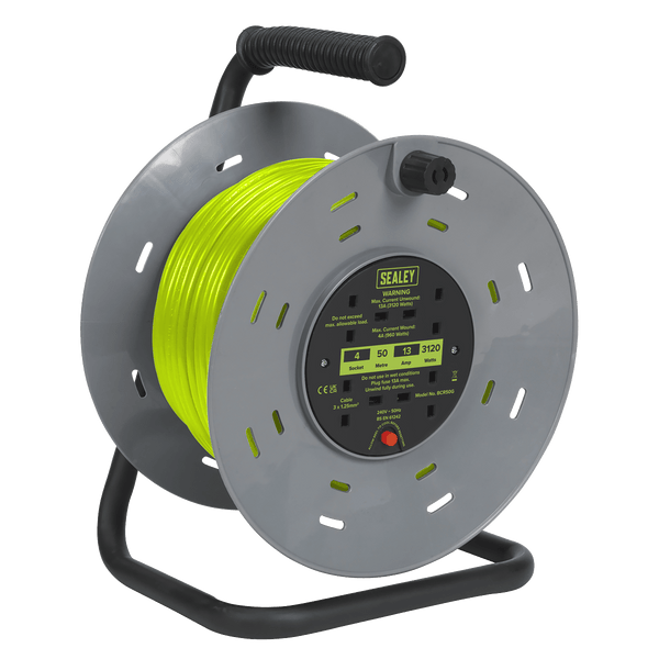 Sealey Cable Reels 50m Cable Reel with Thermal Trip 4 x 230V Sockets - Green-BCR50G 5054630249334 BCR50G - Buy Direct from Spare and Square