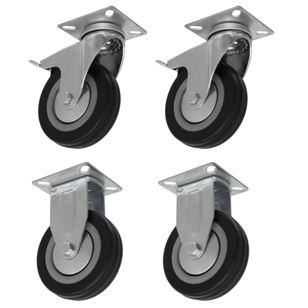 Sealey Castor Wheels 4pc Castor Wheel Combo - Fixed & Swivel Plate Ø100mm-SCWCOMBO2 5054630331428 SCWCOMBO2 - Buy Direct from Spare and Square