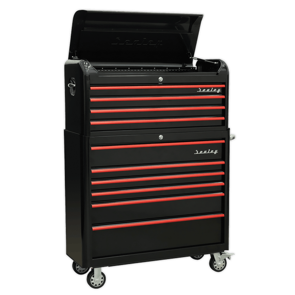 Sealey Combo Kits 10 Drawer Retro Style Wide Topchest & Rollcab Combination - Black with Red Anodised Drawer Pull-AP41COMBOBR 5054511124477 AP41COMBOBR - Buy Direct from Spare and Square