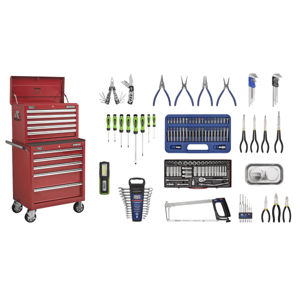 Sealey Combo Kits 10 Drawer Topchest & Rollcab Combination with Ball-Bearing Slides - Red with 148pc Tool Kit-APCOMBOBBTK55 5051747522084 APCOMBOBBTK55 - Buy Direct from Spare and Square