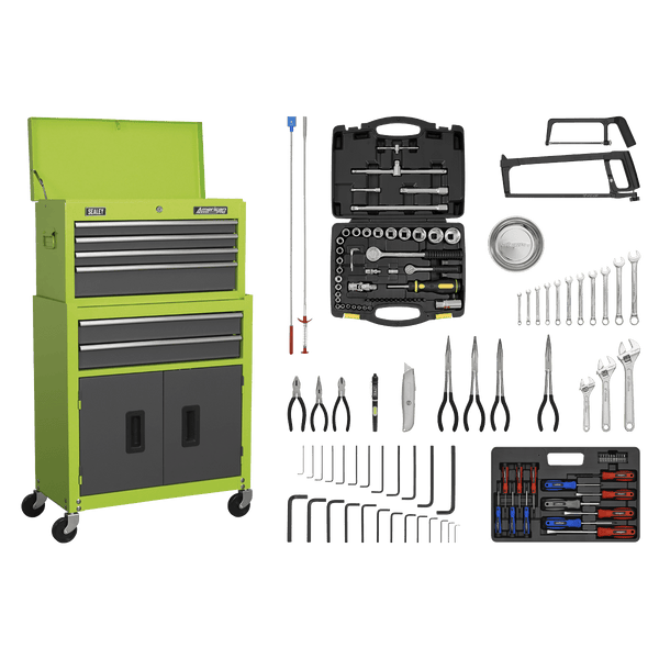 Sealey Combo Kits 6 Drawer Topchest & Rollcab Combination with Ball-Bearing Slides - Hi-Vis Green/Grey & 170pc Tool Kit-AP2200COMBOHV 5054511123937 AP2200COMBOHV - Buy Direct from Spare and Square