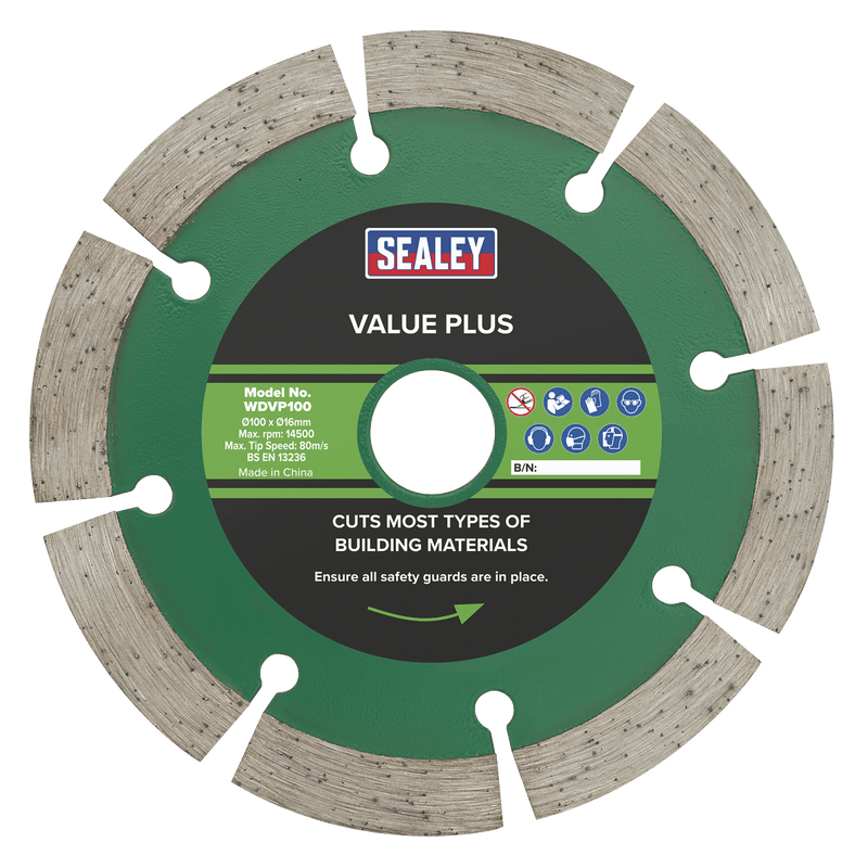Sealey Cutting Discs Ø100 x Ø16mm Value Plus Diamond Blade-WDVP100 5055111207003 WDVP100 - Buy Direct from Spare and Square