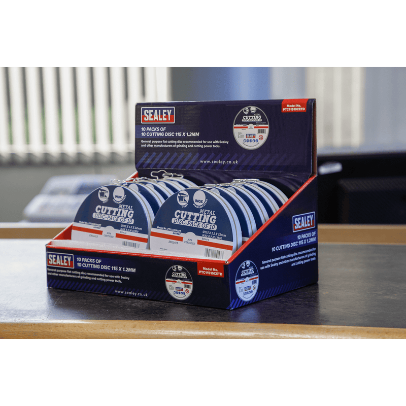 Sealey Cutting Discs Ø115 x 1.2mm Metal Cutting Discs - Display Box 10 Packs of 10-PTC11510CETD 5054511266399 PTC11510CETD - Buy Direct from Spare and Square