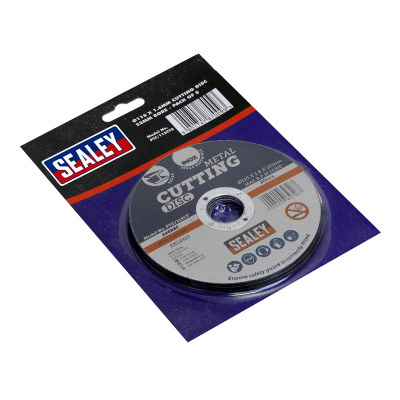 Sealey Cutting Discs Ø115 x 1.6mm Cutting Disc Ø22mm Bore - Pack of 5-PTC/115CT5 5051747870093 PTC/115CT5 - Buy Direct from Spare and Square