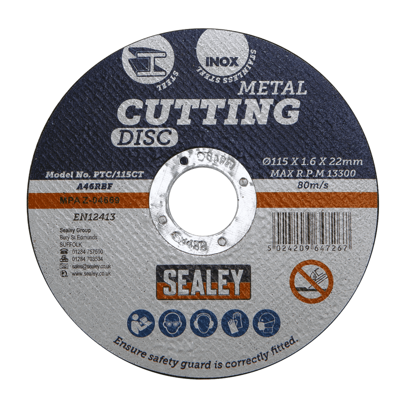 Sealey Cutting Discs Ø115 x 1.6mm Cutting Disc Ø22mm Bore Pack of 50-PTC/115CT50 5054630101359 PTC/115CT50 - Buy Direct from Spare and Square