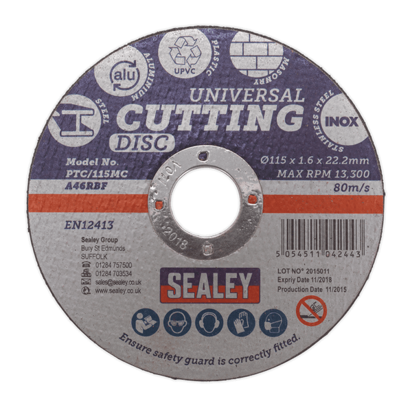 Sealey Cutting Discs Ø115 x 1.6mm Universal Cutting Disc Ø22.2mm Bore-PTC/115MC 5054511042443 PTC/115MC - Buy Direct from Spare and Square