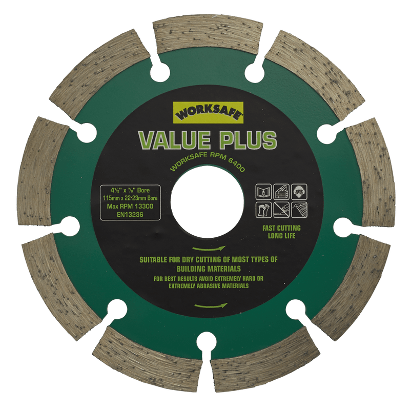 Sealey Cutting Discs Ø115 x 22mm Value Plus Diamond Blade-WDVP115 5055111207010 WDVP115 - Buy Direct from Spare and Square
