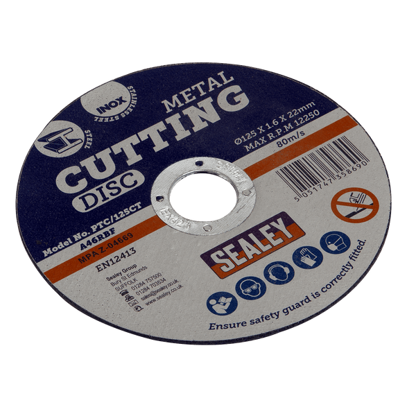 Sealey Cutting Discs Ø125 x 1.6mm Cutting Disc 22mm Bore-PTC/125CT 5051747358690 PTC/125CT - Buy Direct from Spare and Square