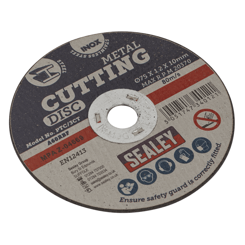 Sealey Cutting Discs Ø75 x 1.2mm Cutting Disc Ø10mm Bore Pack of 100-PTC/3CT100 5054630101342 PTC/3CT100 - Buy Direct from Spare and Square