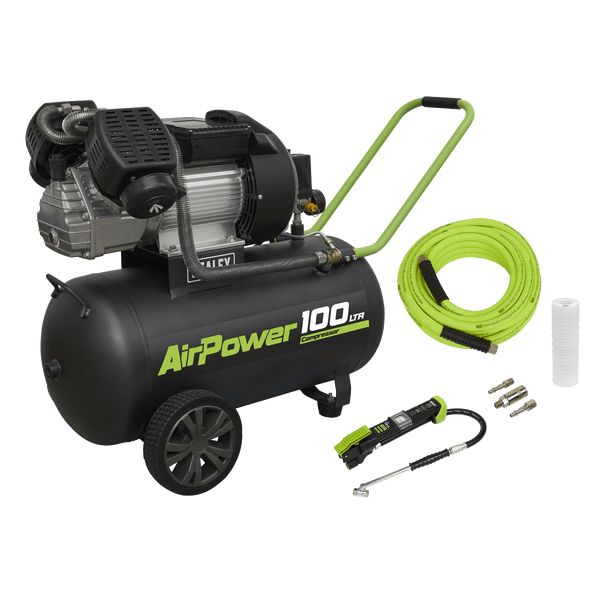 Sealey Direct Drive 100L Direct Drive V-Twin Air Compressor 3hp & Air Accessory Kit-SAC10030VEKIT 5054630307775 SAC10030VEKIT - Buy Direct from Spare and Square