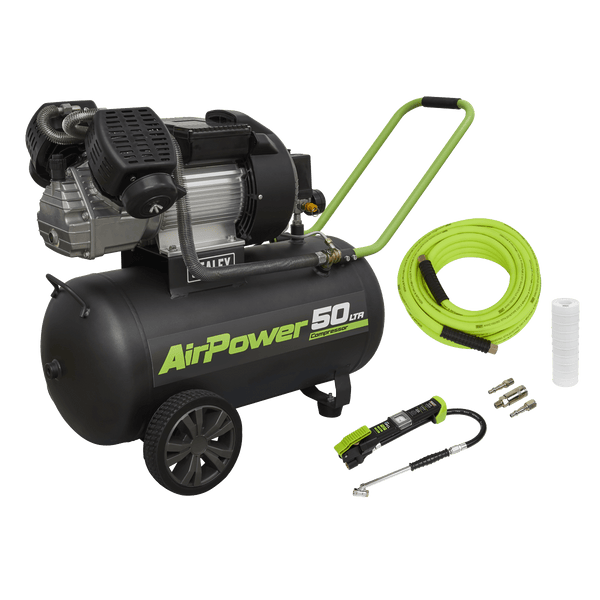 Sealey Direct Drive 50L Direct Drive V-Twin Air Compressor 3hp & Air Accessory Kit-SAC5030VEKIT 5054630307782 SAC5030VEKIT - Buy Direct from Spare and Square