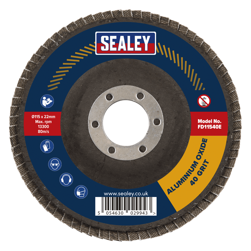 Sealey Flap Discs Ø115mm Aluminium Oxide Flap Disc Ø22mm Bore 40Grit-FD11540E 5054630029943 FD11540E - Buy Direct from Spare and Square