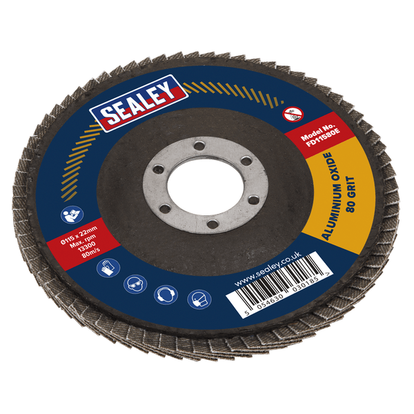 Sealey Flap Discs Ø115mm Aluminium Oxide Flap Disc Ø22mm Bore 80Grit-FD11580E 5054630030185 FD11580E - Buy Direct from Spare and Square
