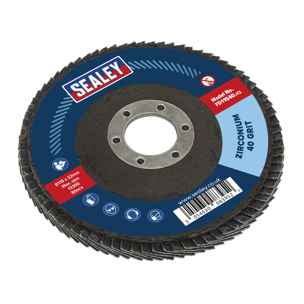 Sealey Flap Discs Ø115mm Zirconium Flap Disc Ø22mm Bore 40Grit-FD11540 5054630083952 FD11540 - Buy Direct from Spare and Square
