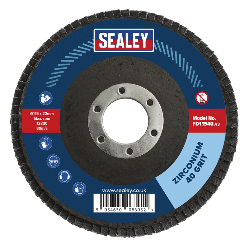 Sealey Flap Discs Ø115mm Zirconium Flap Disc Ø22mm Bore 40Grit-FD11540 5054630083952 FD11540 - Buy Direct from Spare and Square