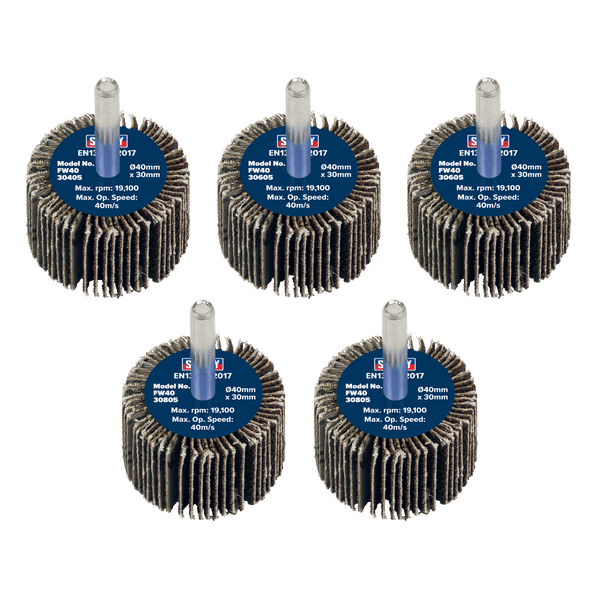 Sealey Flap Wheels Ø40 x 30mm Flap Wheel Ø6mm Shaft Assorted Grit - Pack of 5-FW4030ASS 5054630101779 FW4030ASS - Buy Direct from Spare and Square