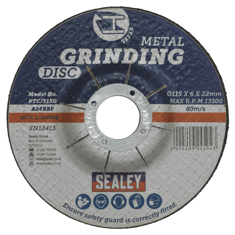 Sealey Grinding Discs Ø115 x 6mm Grinding Disc Ø22mm Bore - Pack of 12-PTC115G12 5054630100369 PTC115G12 - Buy Direct from Spare and Square