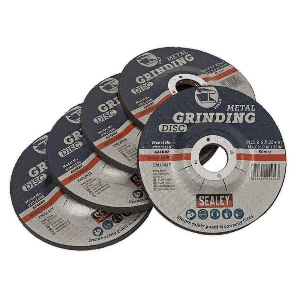 Sealey Grinding Discs Ø115 x 6mm Grinding Disc Ø22mm Bore - Pack of 5-PTC/115G5 5054511619584 PTC/115G5 - Buy Direct from Spare and Square