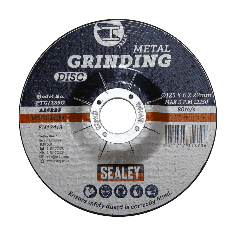 Sealey Grinding Discs Ø125 x 6mm Grinding Disc Ø22mm Bore-PTC/125G 5051747358713 PTC/125G - Buy Direct from Spare and Square