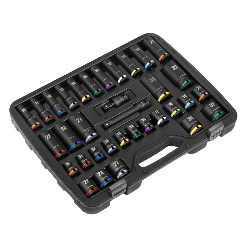 Sealey Impact Socket Set 1/2"Sq Drive 34pc Colour Coded 5054630329333 AK5635M - Buy Direct from Spare and Square