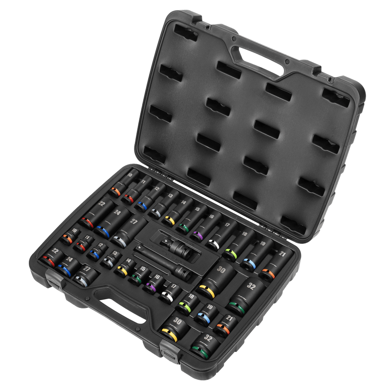 Sealey Impact Socket Set 1/2"Sq Drive 34pc Colour Coded 5054630329333 AK5635M - Buy Direct from Spare and Square