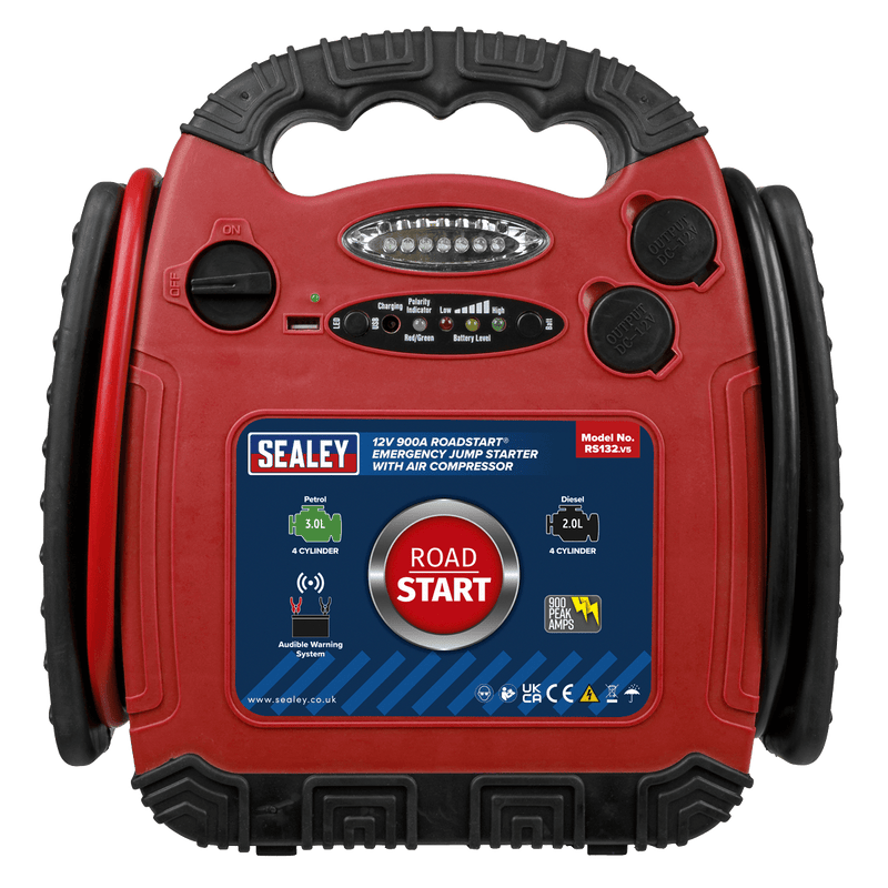 Sealey Mobile Power Systems 12V 900A RoadStart® Emergency Jump Starter with Air Compressor-RS132 5054630030222 RS132 - Buy Direct from Spare and Square