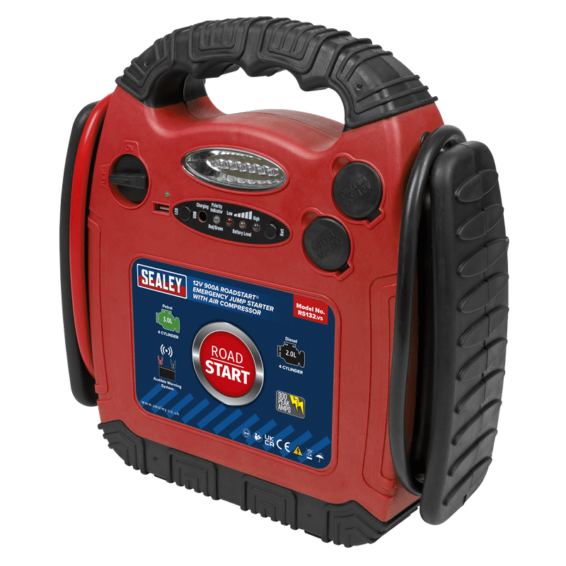 Sealey Mobile Power Systems 12V 900A RoadStart® Emergency Jump Starter with Air Compressor-RS132 5054630030222 RS132 - Buy Direct from Spare and Square