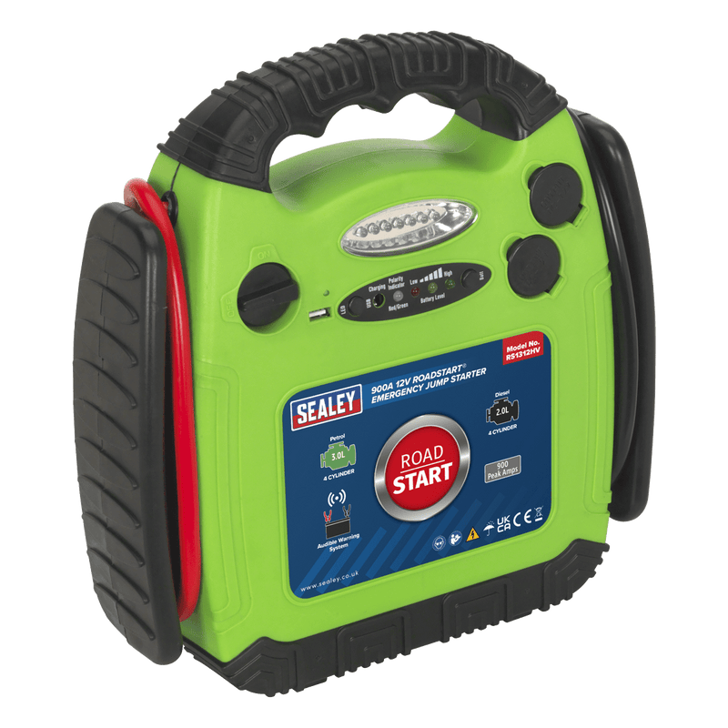 Sealey Mobile Power Systems 900A 12V RoadStart® Emergency Jump Starter - Hi-Vis Green-RS1312HV 5054511180435 RS1312HV - Buy Direct from Spare and Square