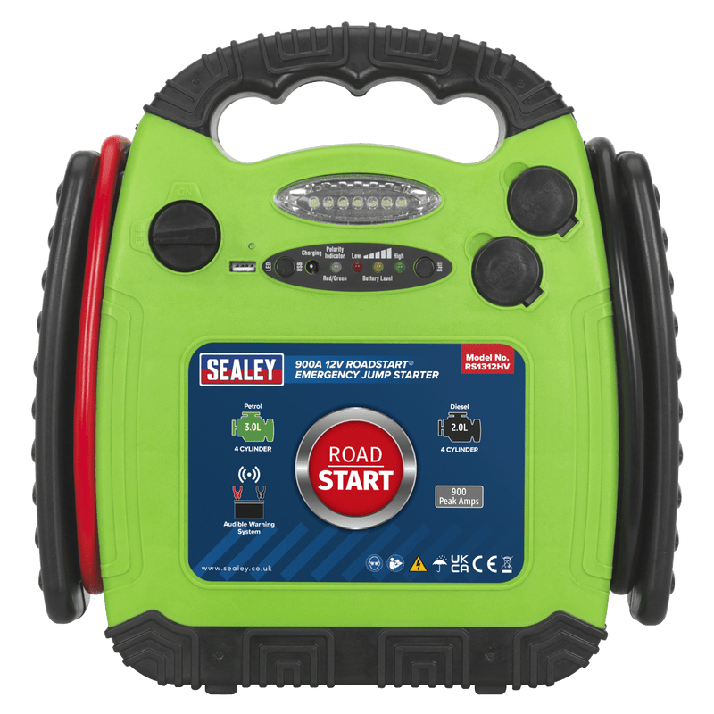 Sealey Mobile Power Systems 900A 12V RoadStart® Emergency Jump Starter - Hi-Vis Green-RS1312HV 5054511180435 RS1312HV - Buy Direct from Spare and Square