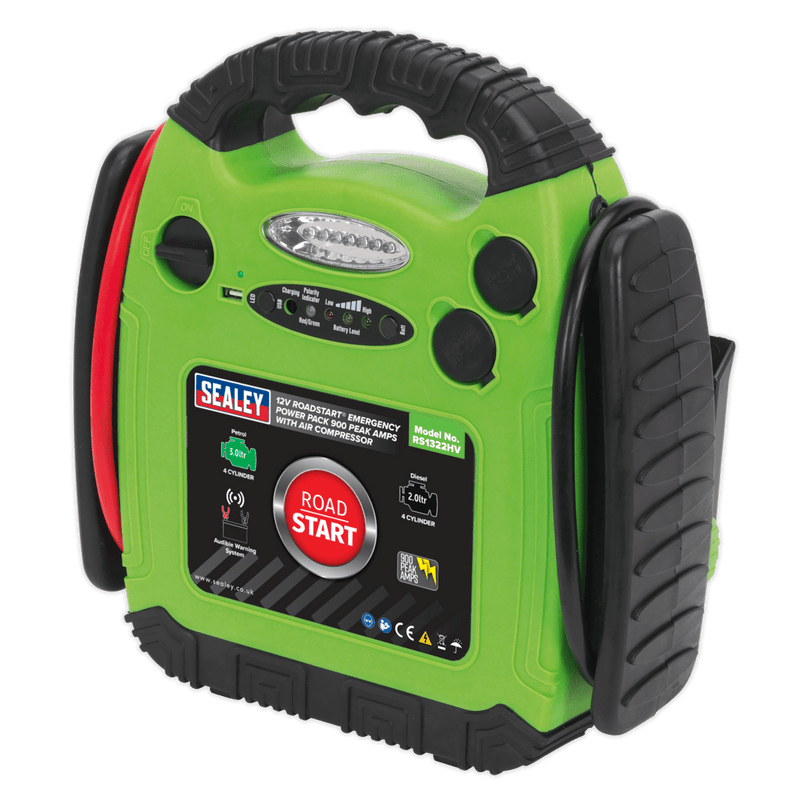 Sealey Mobile Power Systems 900A 12V RoadStart® Emergency Jump Starter - Hi-Vis with Air Compressor-RS1322HV 5054511205886 RS1322HV - Buy Direct from Spare and Square