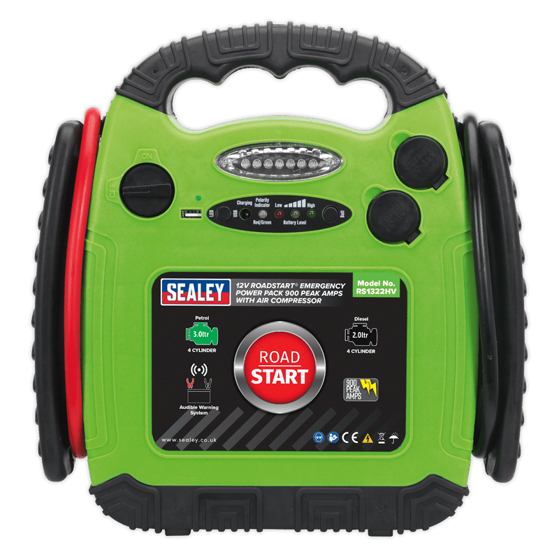 Sealey Mobile Power Systems 900A 12V RoadStart® Emergency Jump Starter - Hi-Vis with Air Compressor-RS1322HV 5054511205886 RS1322HV - Buy Direct from Spare and Square