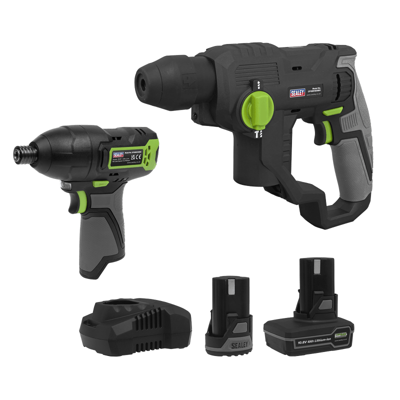 Sealey One Battery Platforms 2 x 10.8V SV10.8 Series Rotary Hammer Drill & Impact Driver Kit-CP108VCOMBO4 5054630275166 CP108VCOMBO4 - Buy Direct from Spare and Square
