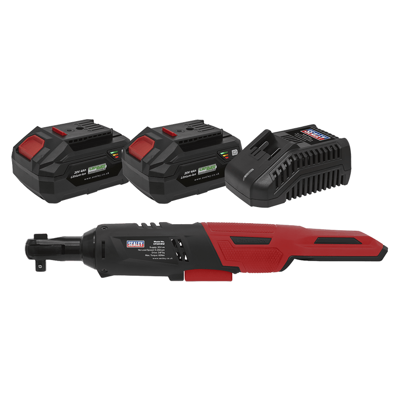 Sealey One Battery Platforms 20V SV20 Series 3/8"Sq Drive Cordless Ratchet Wrench Kit - 2 Batteries-CP20VRWKIT 5054630113390 CP20VRWKIT - Buy Direct from Spare and Square