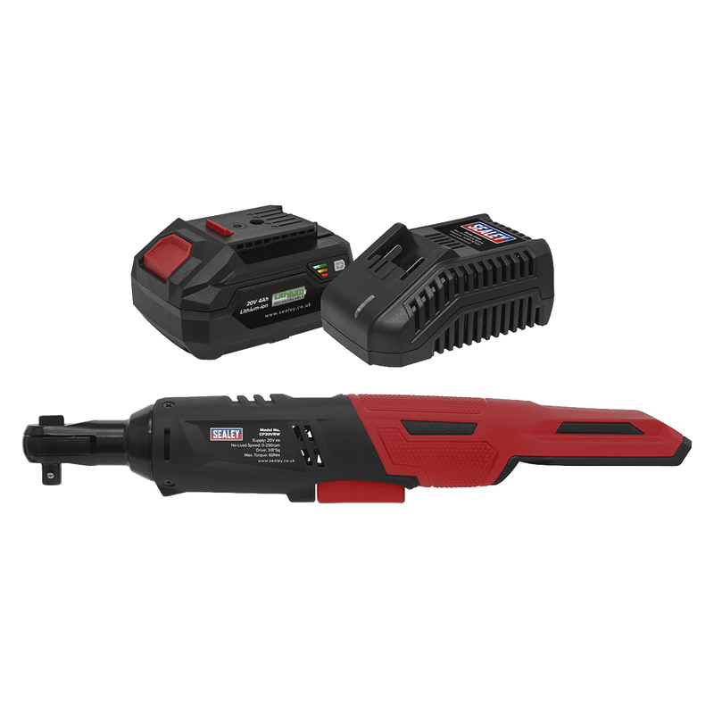 Sealey One Battery Platforms 20V SV20 Series 4Ah 3/8"Sq Drive Cordless Ratchet Wrench Kit - 60Nm-CP20VRWKIT1 5054630113185 CP20VRWKIT1 - Buy Direct from Spare and Square