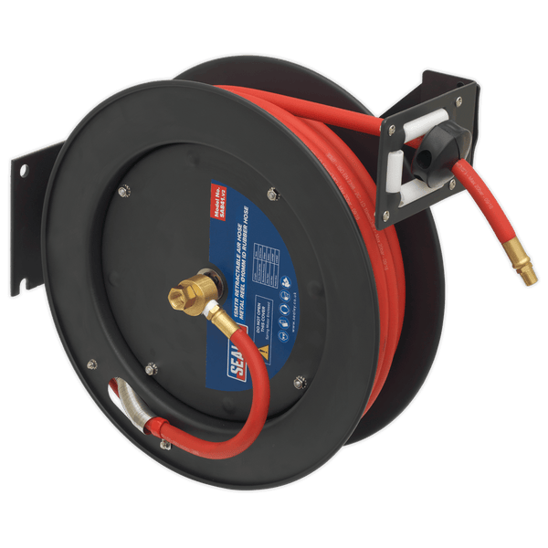 Sealey Retracting Hose Reels 15m Retractable Air Hose Metal Reel Ø10mm ID Rubber Hose-SA841 5024209875042 SA841 - Buy Direct from Spare and Square