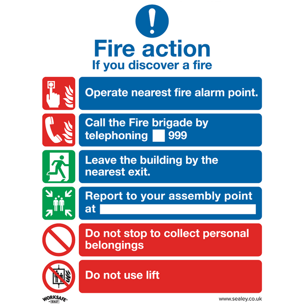 Sealey Safety Signs Fire Action With Lift - Safe Conditions Safety Sign - Self-Adhesive Vinyl - Pack of 10-SS19V10 5054511990768 SS19V10 - Buy Direct from Spare and Square
